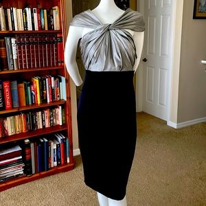 Maria Bianca Nero Satin Silk Silver Draped Top Empire Waist Black Skirt Dress SM